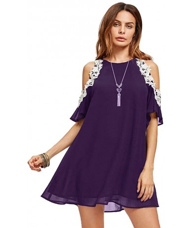 One-Pieces Summer Casual Cold Shoulder Lace Chiffon Dress Top Sexy Loose Patchwork Office Lady Work Blouse - Purple - CA18DG8...