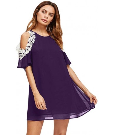 One-Pieces Summer Casual Cold Shoulder Lace Chiffon Dress Top Sexy Loose Patchwork Office Lady Work Blouse - Purple - CA18DG8...