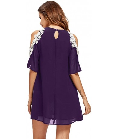 One-Pieces Summer Casual Cold Shoulder Lace Chiffon Dress Top Sexy Loose Patchwork Office Lady Work Blouse - Purple - CA18DG8...