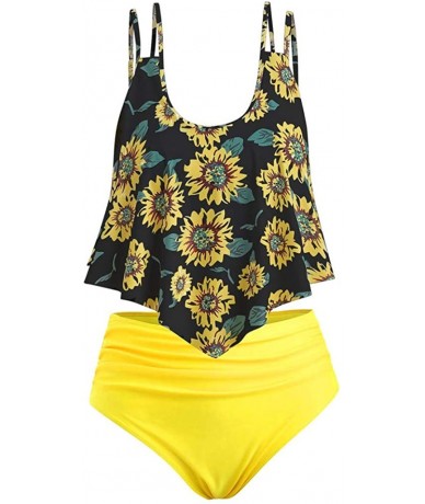 Sets Women Ruffled High Waisted Tankini Bikini Swimsuit Set S-XXXL - Yellow-3 - CX18UT2ZC0I $40.23