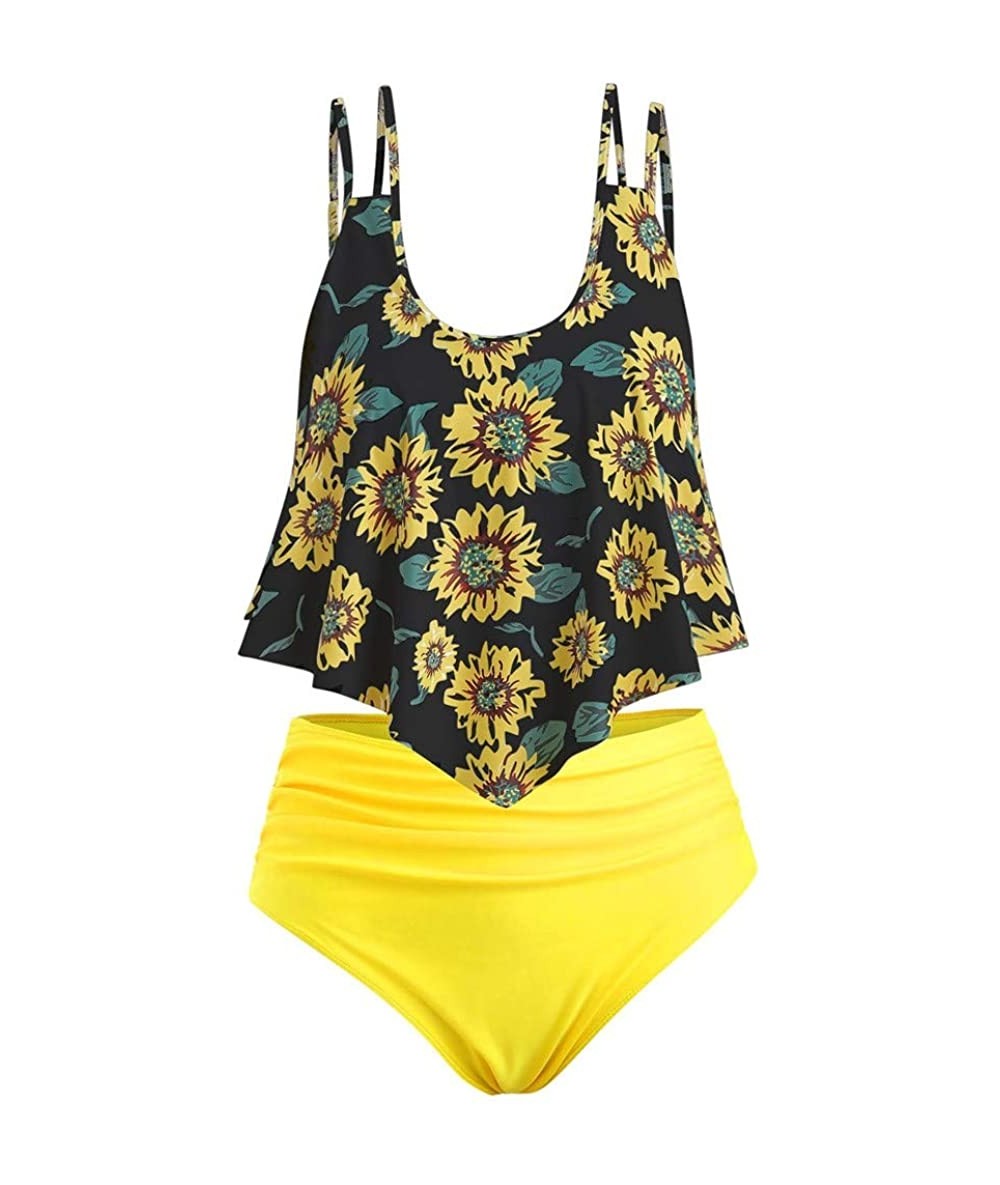 Sets Women Ruffled High Waisted Tankini Bikini Swimsuit Set S-XXXL - Yellow-3 - CX18UT2ZC0I $40.23