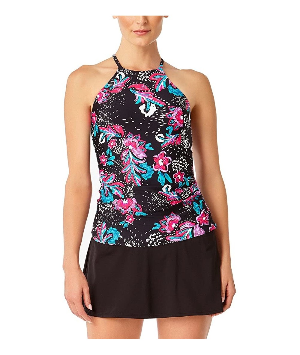 Tankinis Women's High Neck Tankini Swim Top with Strappy Back Detail - Black Floral - CO186M3O7D0 $68.06