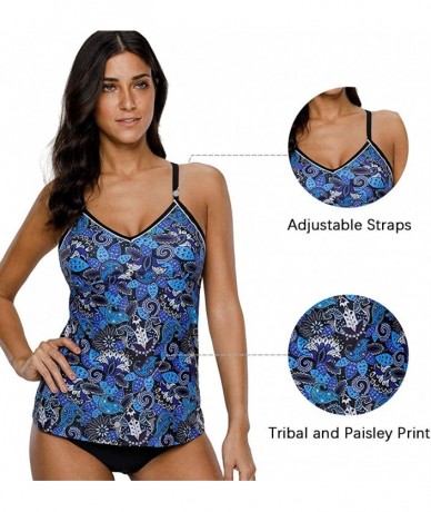 Tankinis Women Striped Tankini Set with Brief Cross Back Padded Two Piece Swimsuit - Deep Blue Paisley - CA18CT0G8WW $50.25