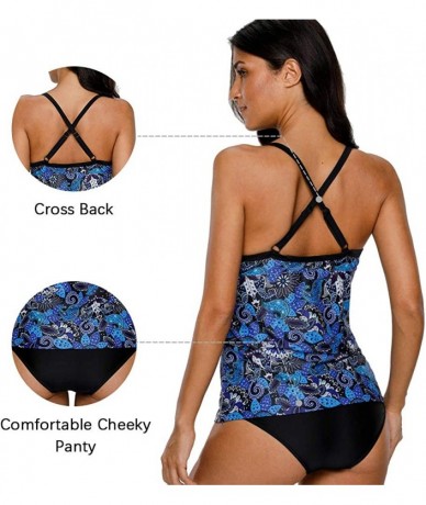 Tankinis Women Striped Tankini Set with Brief Cross Back Padded Two Piece Swimsuit - Deep Blue Paisley - CA18CT0G8WW $50.25