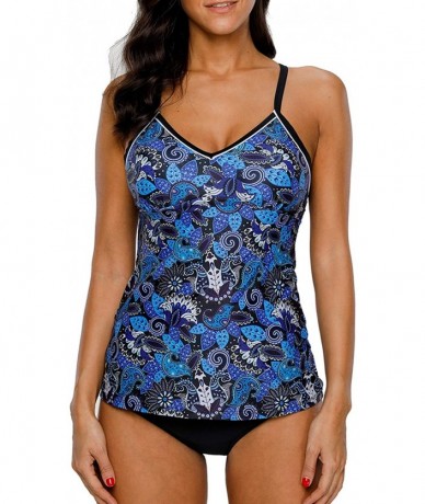 Tankinis Women Striped Tankini Set with Brief Cross Back Padded Two Piece Swimsuit - Deep Blue Paisley - CA18CT0G8WW $50.25