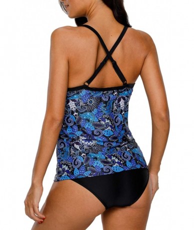 Tankinis Women Striped Tankini Set with Brief Cross Back Padded Two Piece Swimsuit - Deep Blue Paisley - CA18CT0G8WW $50.25