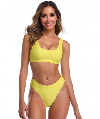 Sets Woman's Two Pieces Bikini Sets Sports Swimsuit Low Top High Waisted High Bottom - Yellow - C018CNUW50I $36.16