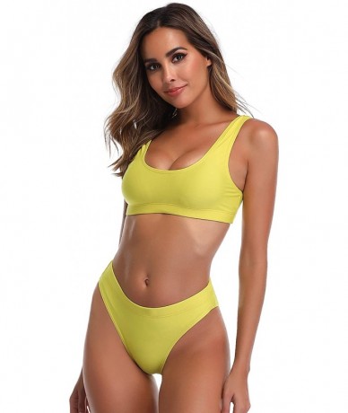 Sets Woman's Two Pieces Bikini Sets Sports Swimsuit Low Top High Waisted High Bottom - Yellow - C018CNUW50I $36.16