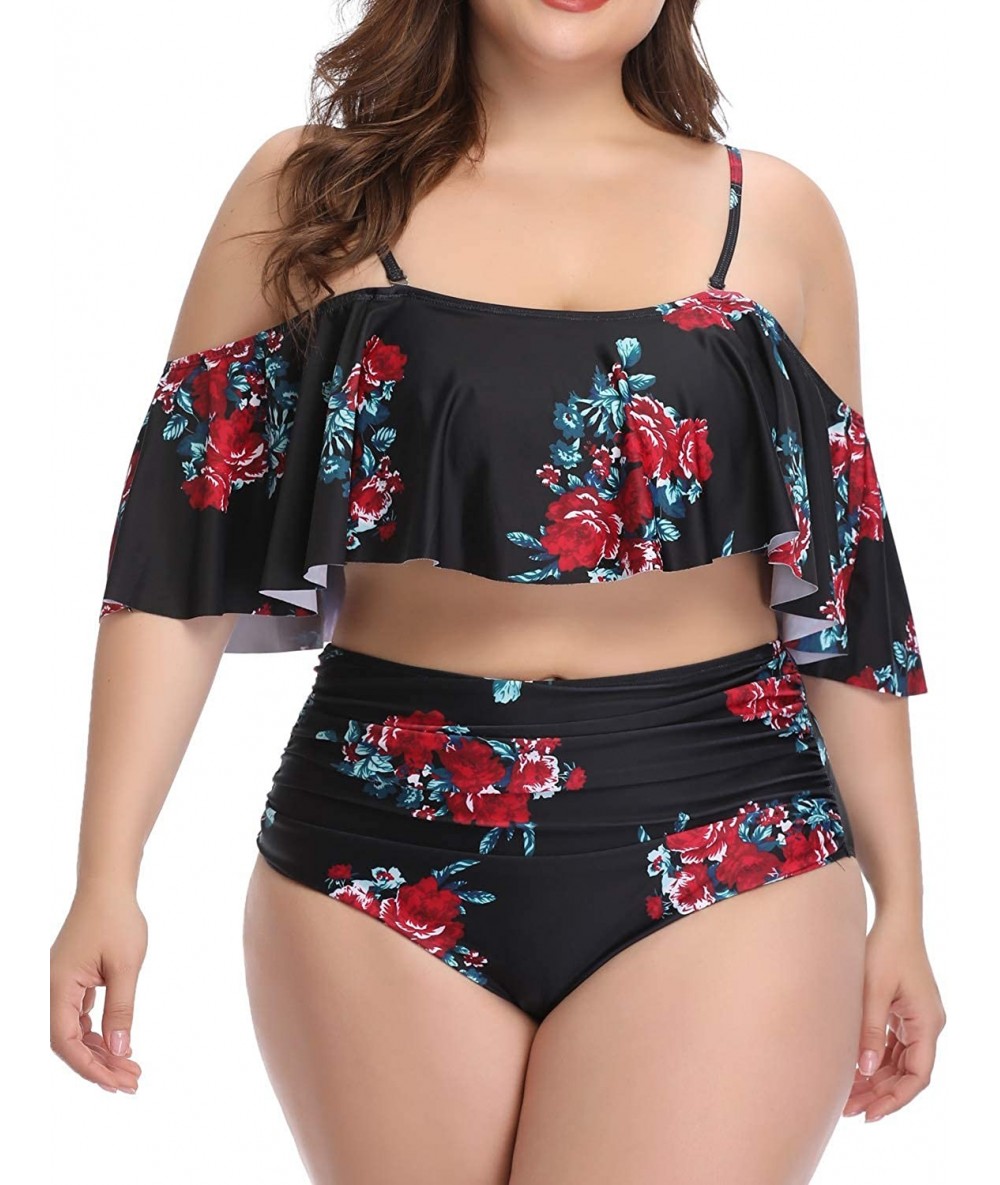 Sets Plus Size Swimsuits for Women High Waisted Bikini Off Shoulder Two Piece Bathing Suits - Black Floral - C11900Q6MSC $48.47