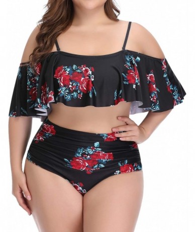 Sets Plus Size Swimsuits for Women High Waisted Bikini Off Shoulder Two Piece Bathing Suits - Black Floral - C11900Q6MSC $48.47