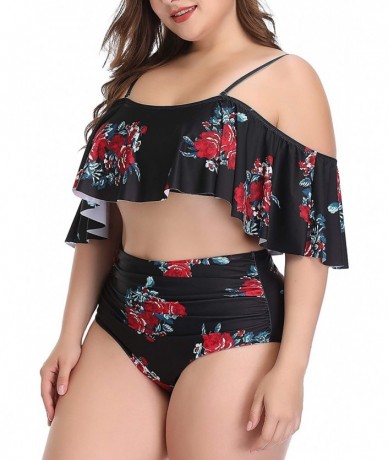 Sets Plus Size Swimsuits for Women High Waisted Bikini Off Shoulder Two Piece Bathing Suits - Black Floral - C11900Q6MSC $48.47