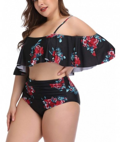 Sets Plus Size Swimsuits for Women High Waisted Bikini Off Shoulder Two Piece Bathing Suits - Black Floral - C11900Q6MSC $48.47