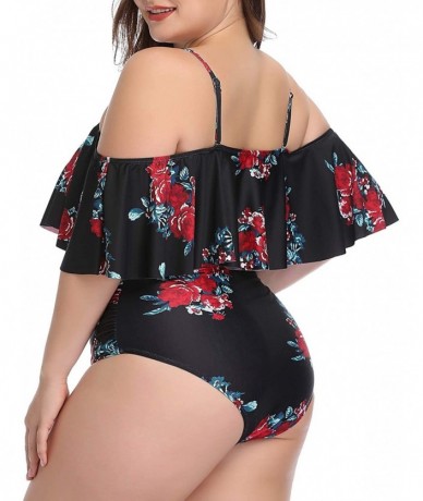 Sets Plus Size Swimsuits for Women High Waisted Bikini Off Shoulder Two Piece Bathing Suits - Black Floral - C11900Q6MSC $48.47