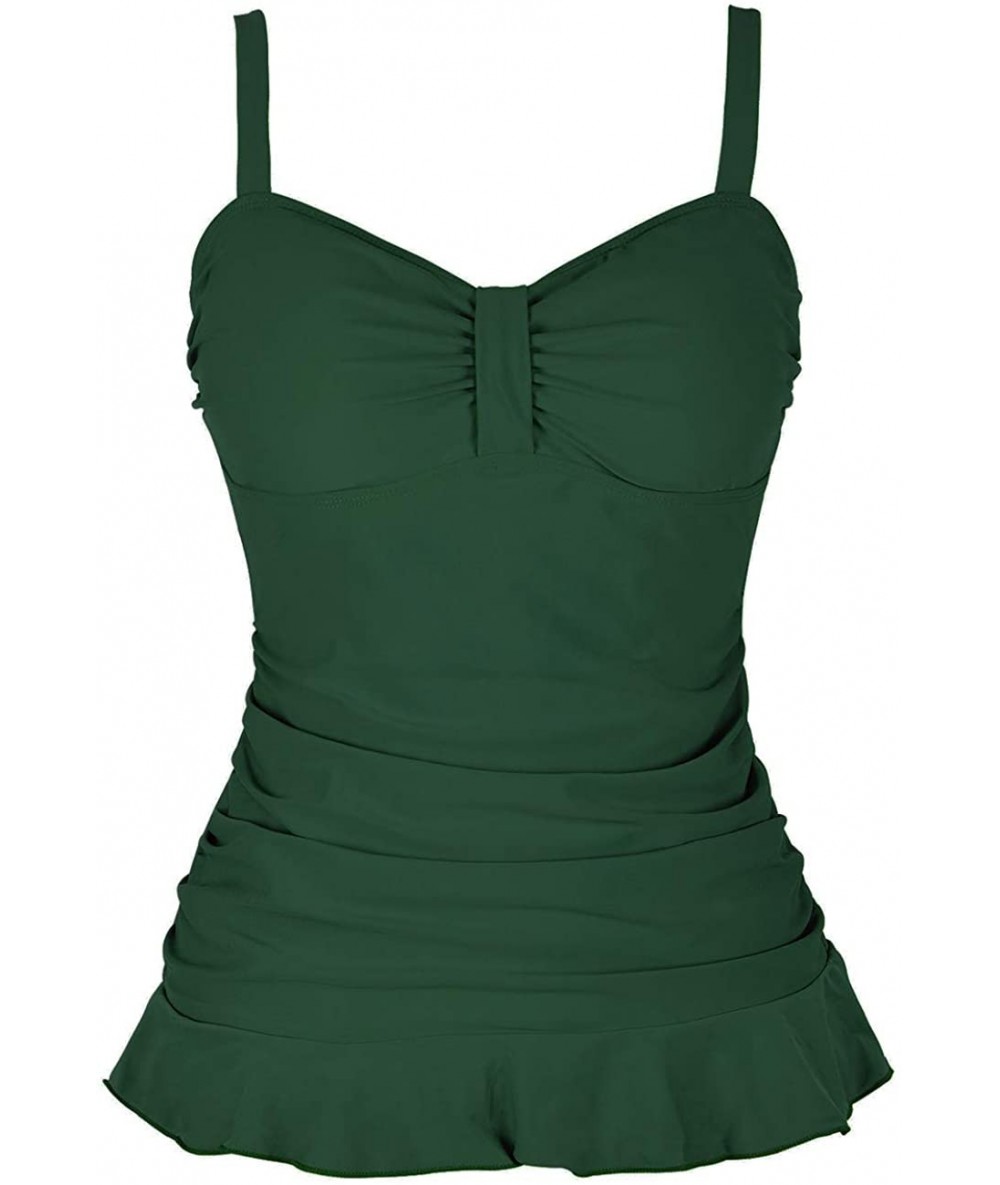 Tops Women's Swim Top Padded Ruffle Hem Shirred Swimwear Tankini Swimsuit Top - Dark Green-a - CM19CALAY0D $45.35