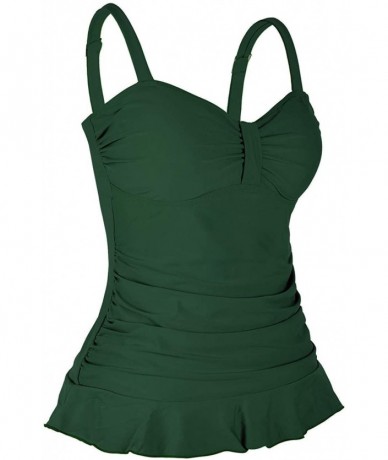 Tops Women's Swim Top Padded Ruffle Hem Shirred Swimwear Tankini Swimsuit Top - Dark Green-a - CM19CALAY0D $45.35