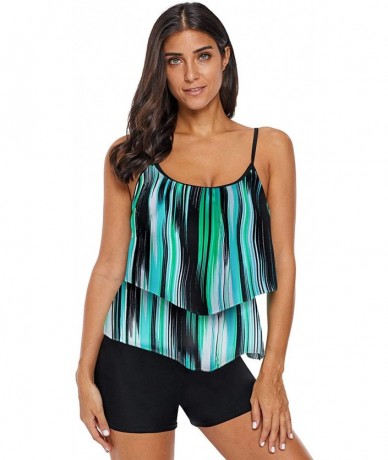 Tops Women's Retro Printed Tankini Swim Tops Ruffled Swimsuits Top Without Bottom - Striped-green - CP18RTW4LNC $41.49