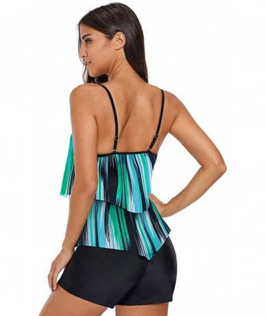 Tops Women's Retro Printed Tankini Swim Tops Ruffled Swimsuits Top Without Bottom - Striped-green - CP18RTW4LNC $41.49