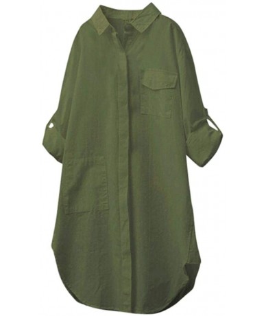 Cover-Ups Women Cotton Linen Button Down Large Pocket Solid Long Sleeve Top Shirt Dress - Army Green - CX18HKH69CQ $28.04