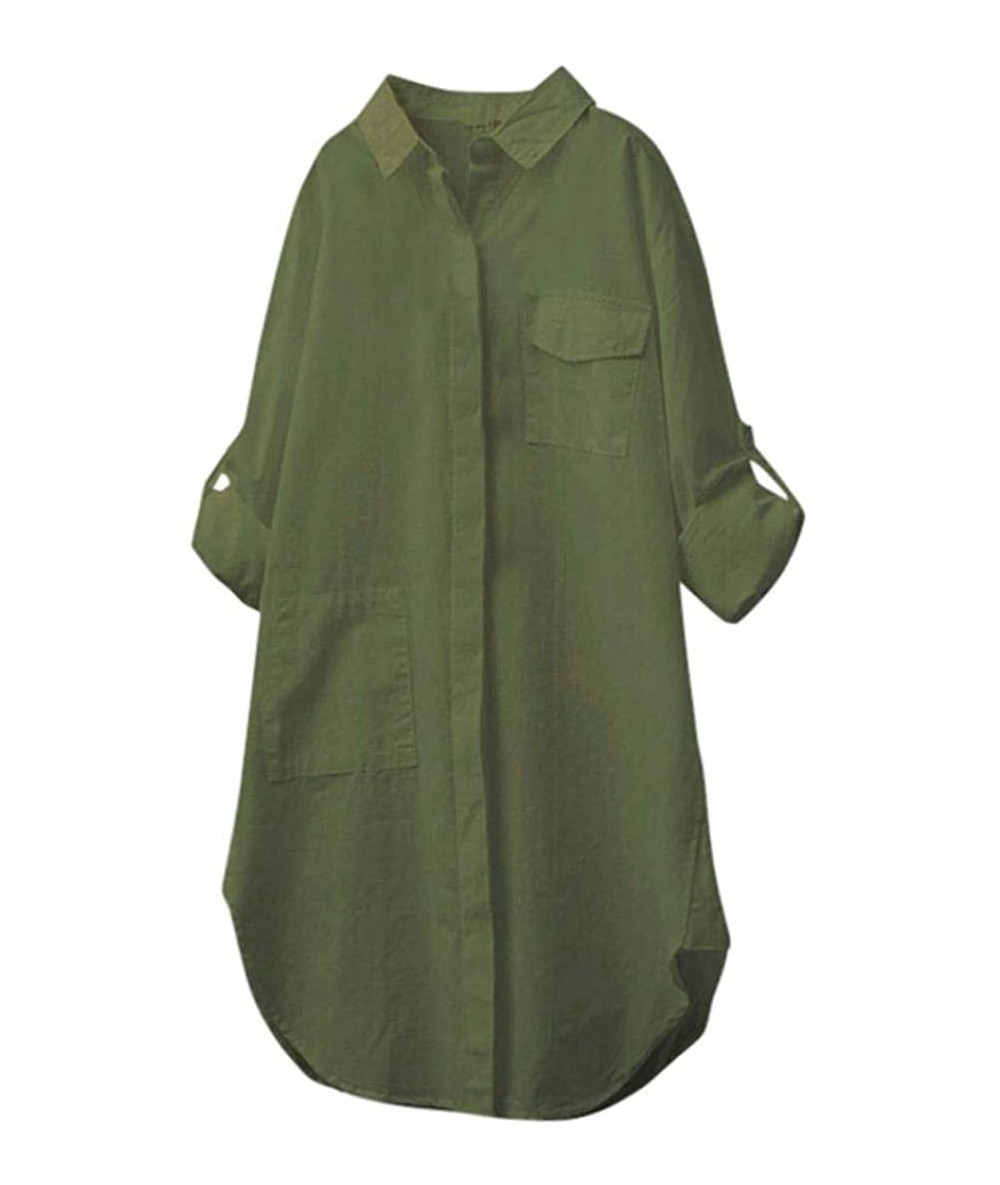 Cover-Ups Women Cotton Linen Button Down Large Pocket Solid Long Sleeve Top Shirt Dress - Army Green - CX18HKH69CQ $28.04