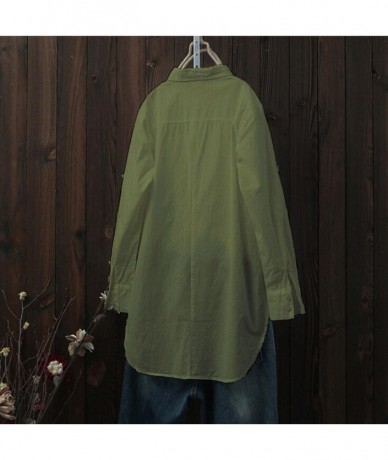 Cover-Ups Women Cotton Linen Button Down Large Pocket Solid Long Sleeve Top Shirt Dress - Army Green - CX18HKH69CQ $28.04