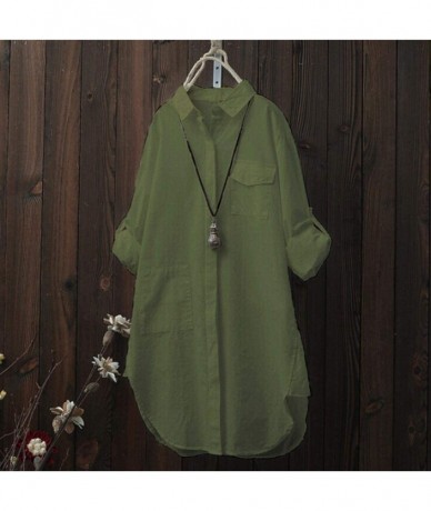 Cover-Ups Women Cotton Linen Button Down Large Pocket Solid Long Sleeve Top Shirt Dress - Army Green - CX18HKH69CQ $28.04