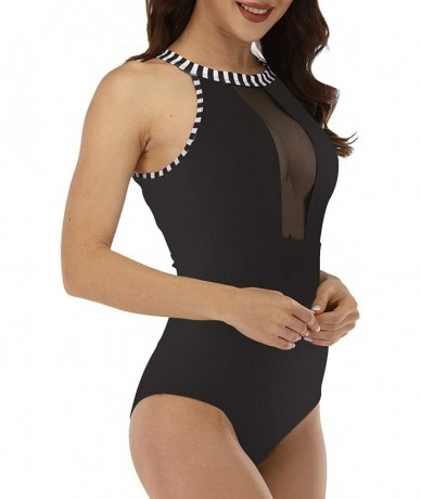 One-Pieces Women Mesh One Piece Swimsuit High Neck Plunge Ruched Monokini Swimwear - Black - CJ196UMGRA8 $40.15