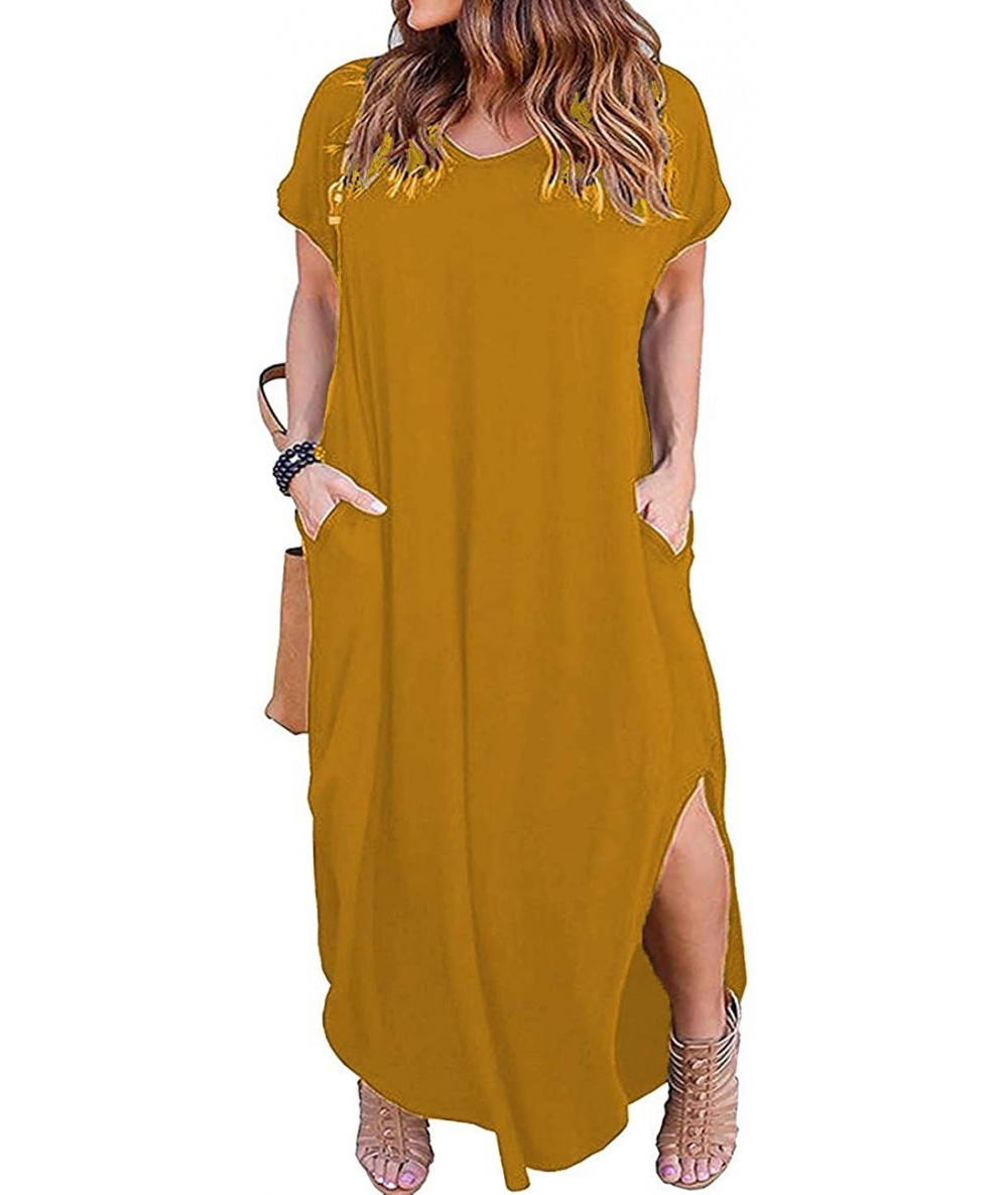 Cover-Ups Women's Plus Size Casual Loose Pocket Long Dress Short Sleeve Plus Size Slit Maxi Dress XL-5X - Yellow - C0199L358H...