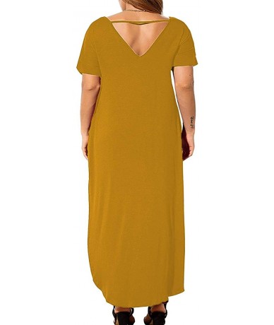 Cover-Ups Women's Plus Size Casual Loose Pocket Long Dress Short Sleeve Plus Size Slit Maxi Dress XL-5X - Yellow - C0199L358H...