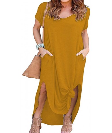 Cover-Ups Women's Plus Size Casual Loose Pocket Long Dress Short Sleeve Plus Size Slit Maxi Dress XL-5X - Yellow - C0199L358H...