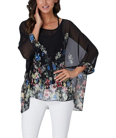 Cover-Ups Women's Chiffon Floral Printed Caftan Poncho Tunic Top Cover up Batwing Loose Blouse - Black M Floral - CC18XXKGL88...