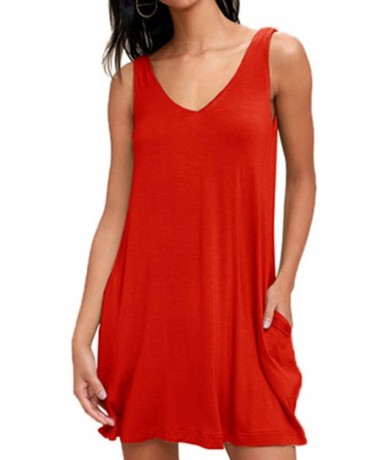 Cover-Ups Women's Summer Sleeveless Casual Mini Swing Pleated Cover Up Tank Sundress - Red - C719CZNG26A $59.70