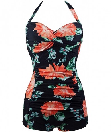 One-Pieces Women's Elegant Floral Retro Boy-Leg One Piece Ruched Maillot Front Twist Sport Swimsuit - Black - CB18S4SSX79 $64.94