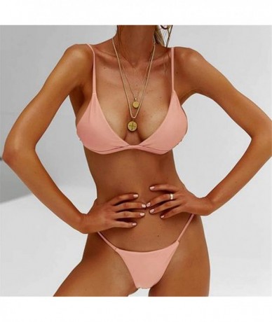 Sets Women Two Piece Swimsuit Sport Bikini Scoop Neck Halter Bandeau Top High Cut Cheeky Thong Bathing Suit Swimwear - Pink B...