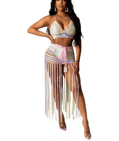 Cover-Ups Women Sexy Beach Coverups Summer 2 Piece Outfits Crochet Mesh Fishnet Bikini Top and Maxi Skirt Set - B Pink - C619...