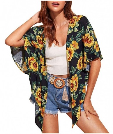 Cover-Ups Women's Beach Cover Up Swimsuit Boho Floral Print Chiffon Beach Kimono Cardigan Tops Summer Casual Loose Shirts - C...