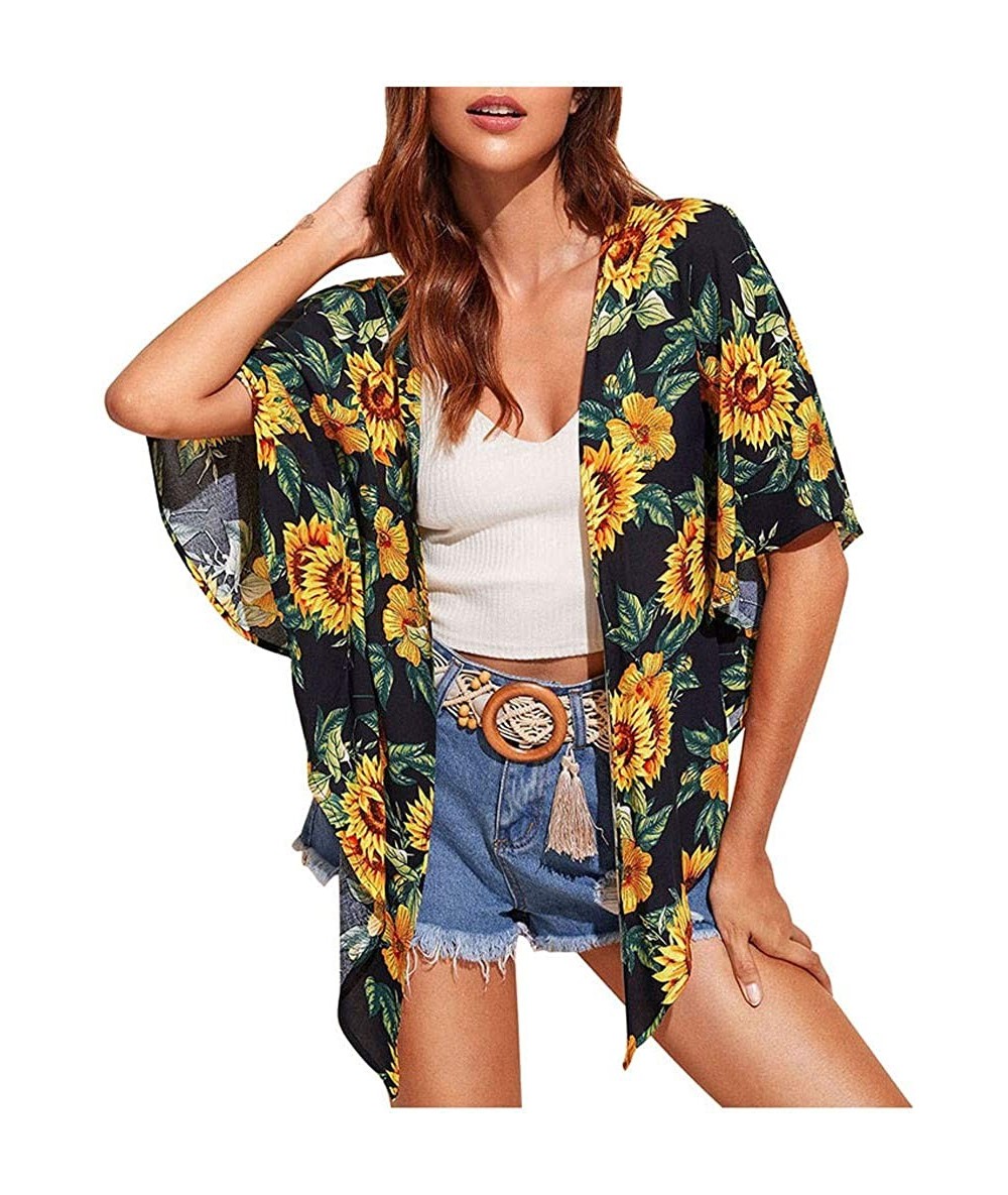 Cover-Ups Women's Beach Cover Up Swimsuit Boho Floral Print Chiffon Beach Kimono Cardigan Tops Summer Casual Loose Shirts - C...