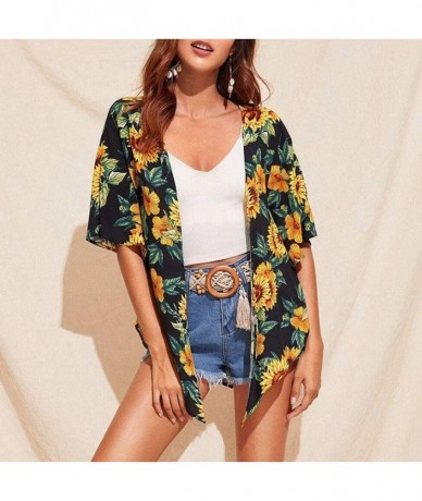 Cover-Ups Women's Beach Cover Up Swimsuit Boho Floral Print Chiffon Beach Kimono Cardigan Tops Summer Casual Loose Shirts - C...