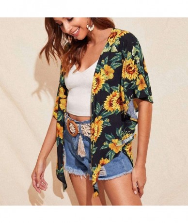 Cover-Ups Women's Beach Cover Up Swimsuit Boho Floral Print Chiffon Beach Kimono Cardigan Tops Summer Casual Loose Shirts - C...