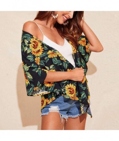 Cover-Ups Women's Beach Cover Up Swimsuit Boho Floral Print Chiffon Beach Kimono Cardigan Tops Summer Casual Loose Shirts - C...