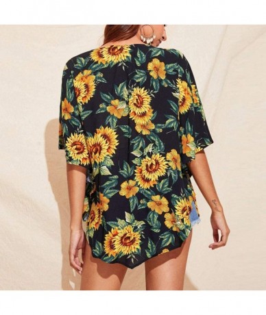 Cover-Ups Women's Beach Cover Up Swimsuit Boho Floral Print Chiffon Beach Kimono Cardigan Tops Summer Casual Loose Shirts - C...