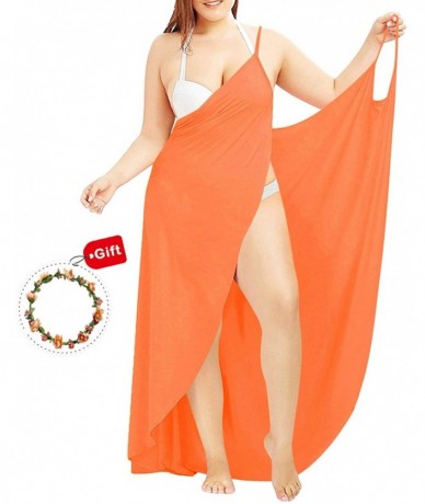 Cover-Ups Women Plus Size Spaghetti Strap Backless V Neck Cover Up Beach Dress Bikini Cover Up with Headband - Neon Orange - ...