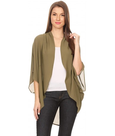 Cover-Ups Women's Solid Floral Print Casual Comfy Kimono Sleeve Open Front Cardigan Capes Plussize - Hcd00066 Olive - C618HMG...