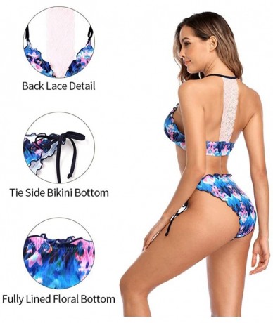 Sets Womens Halter Bikini Polk Dot Bikini Swimsuit Tie Side Bikini Padded Bikini Top - Blu - CO195UNQ5ZM $39.89