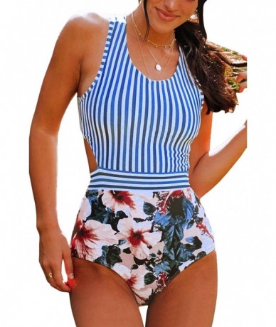 One-Pieces Women Floral Striped High Neck Zip Tie Back One Piece Swimsuits Swimwear - Blue - C3194IXMAL8 $43.04