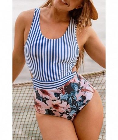 One-Pieces Women Floral Striped High Neck Zip Tie Back One Piece Swimsuits Swimwear - Blue - C3194IXMAL8 $43.04