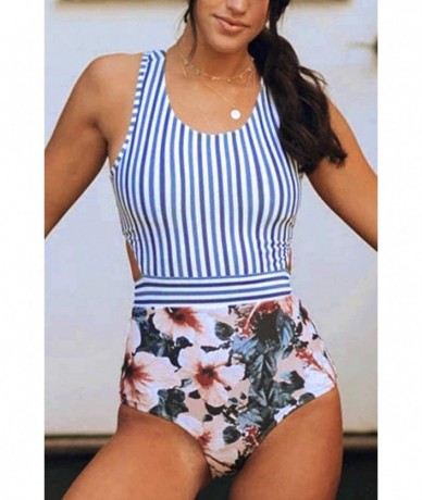 One-Pieces Women Floral Striped High Neck Zip Tie Back One Piece Swimsuits Swimwear - Blue - C3194IXMAL8 $43.04