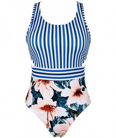 One-Pieces Women Floral Striped High Neck Zip Tie Back One Piece Swimsuits Swimwear - Blue - C3194IXMAL8 $43.04