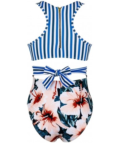 One-Pieces Women Floral Striped High Neck Zip Tie Back One Piece Swimsuits Swimwear - Blue - C3194IXMAL8 $43.04