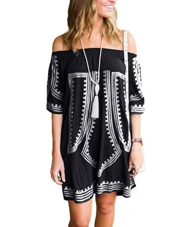 Cover-Ups Bohemian Vibe Geometric Print Off The Shoulder Beach Dress - Black - CT183KGANH2 $42.11