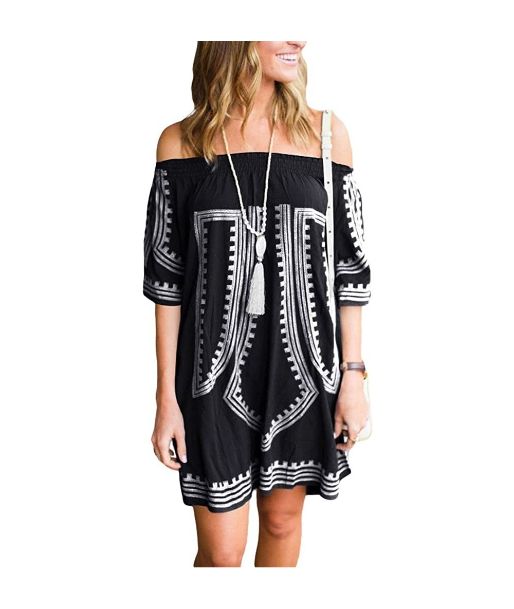 Cover-Ups Bohemian Vibe Geometric Print Off The Shoulder Beach Dress - Black - CT183KGANH2 $42.11